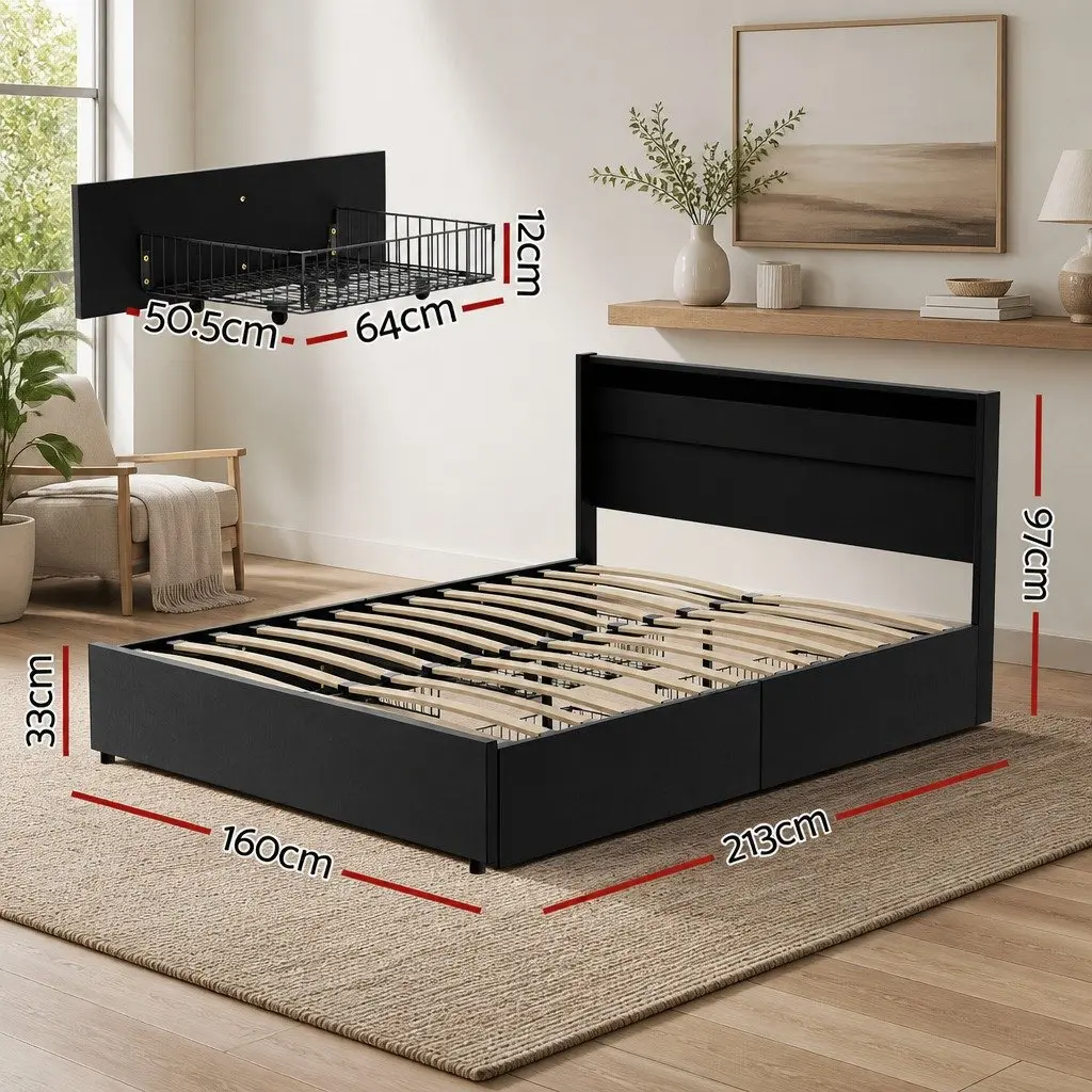 Queen Bed Frame with LED Lights and 4 Drawers