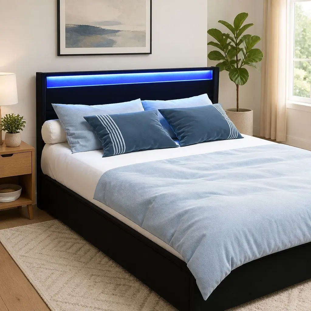 Queen Bed Frame with LED Lights and 4 Drawers