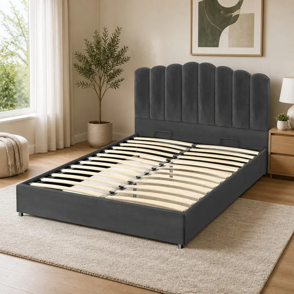 Double Bed Frame Velvet Grey Gas Lift Storage Padded Headboard Wooden Slat