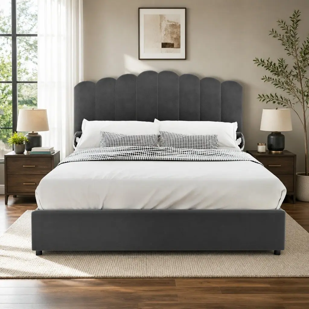 Double Bed Frame Velvet Grey Gas Lift Storage Padded Headboard Wooden Slat