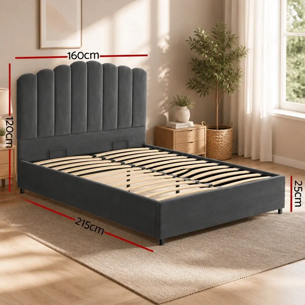 Double Bed Frame Velvet Grey Gas Lift Storage Padded Headboard Wooden Slat