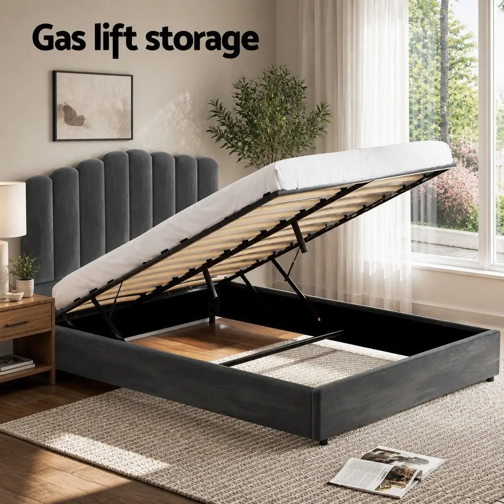 Double Bed Frame Velvet Grey Gas Lift Storage Padded Headboard Wooden Slat