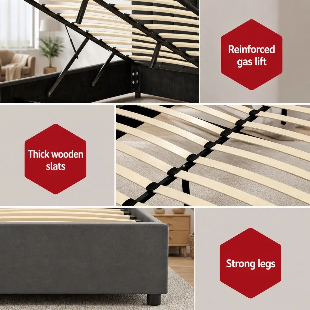 Double Bed Frame Velvet Grey Gas Lift Storage Padded Headboard Wooden Slat