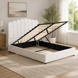 Stylish Double Bed Frame with Boucle Upholstery and Storage