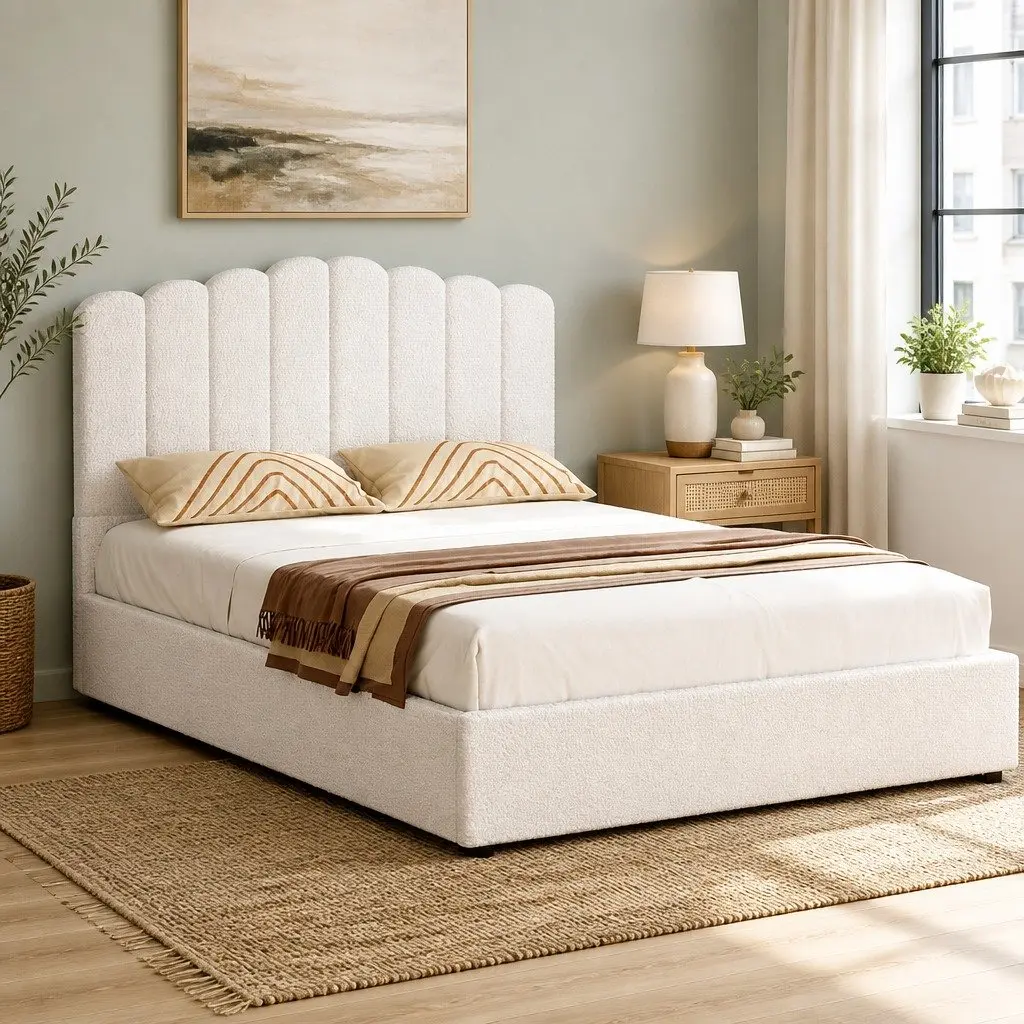 Double Bed Frame with Boucle Upholstery and Storage