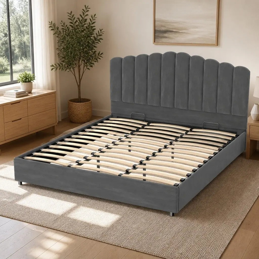King Size Grey Velvet Bed Frame with Storage