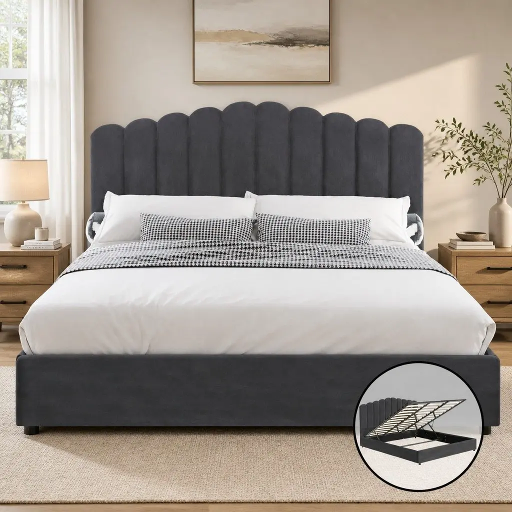 King Size Grey Velvet Bed Frame with Storage