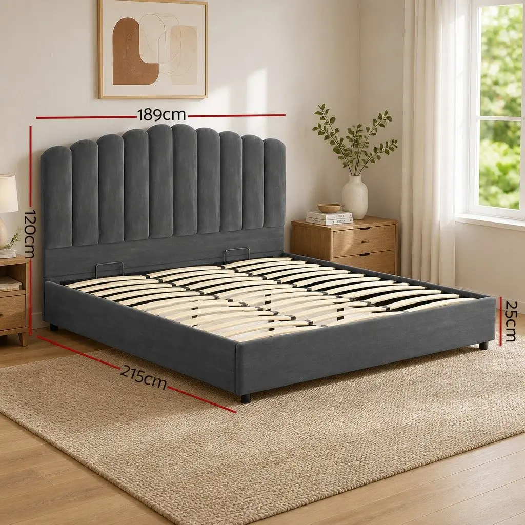 King Size Grey Velvet Bed Frame with Storage
