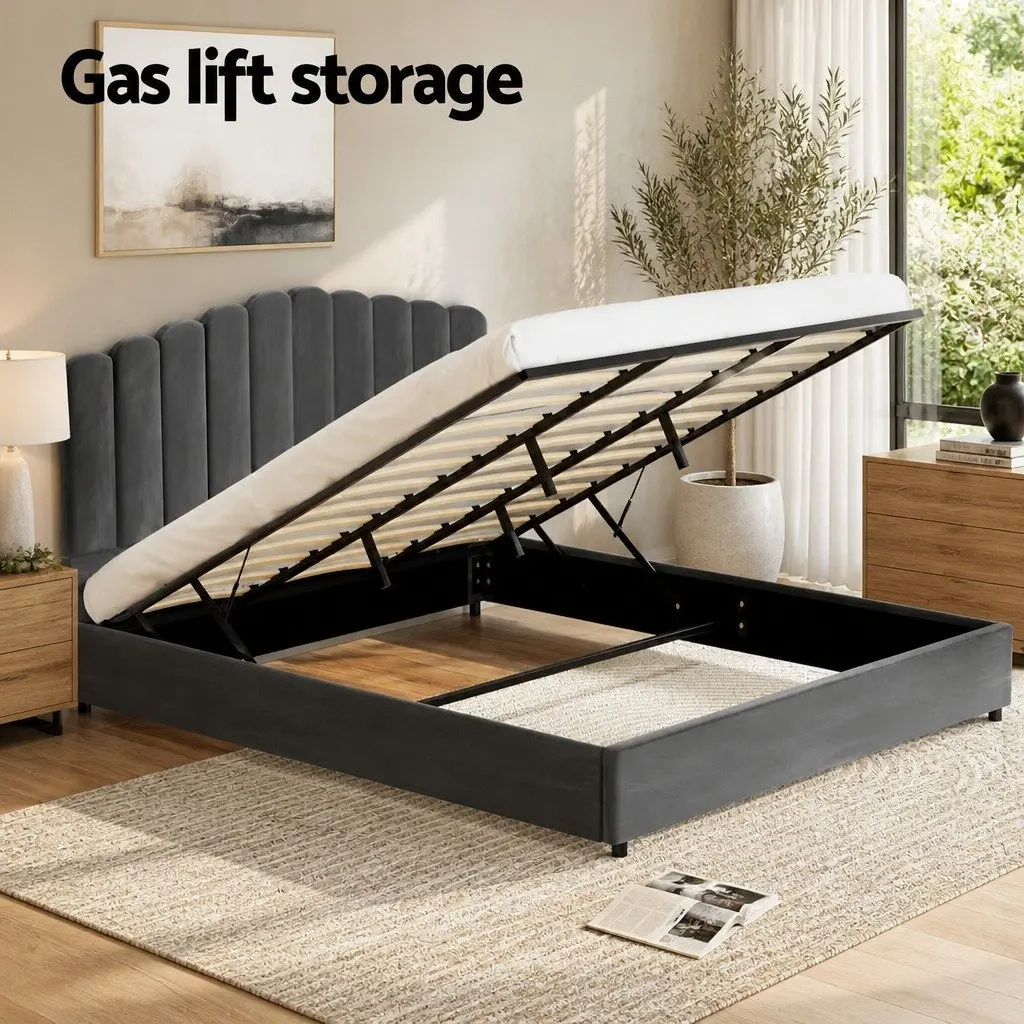 King Size Grey Velvet Bed Frame with Storage