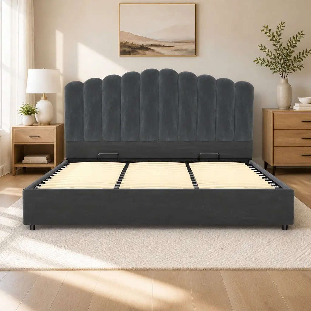 King Size Grey Velvet Bed Frame with Storage