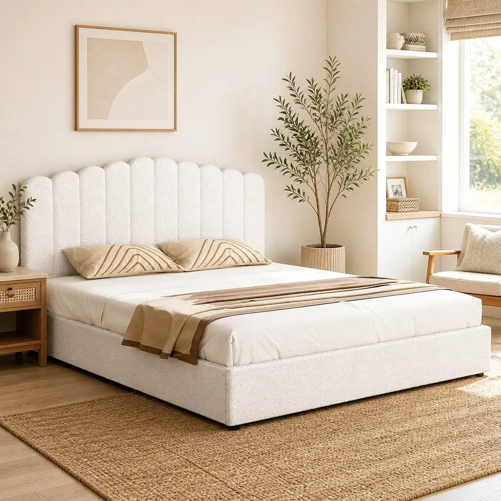 King Size Bed Frame with Boucle Upholstery and Storage