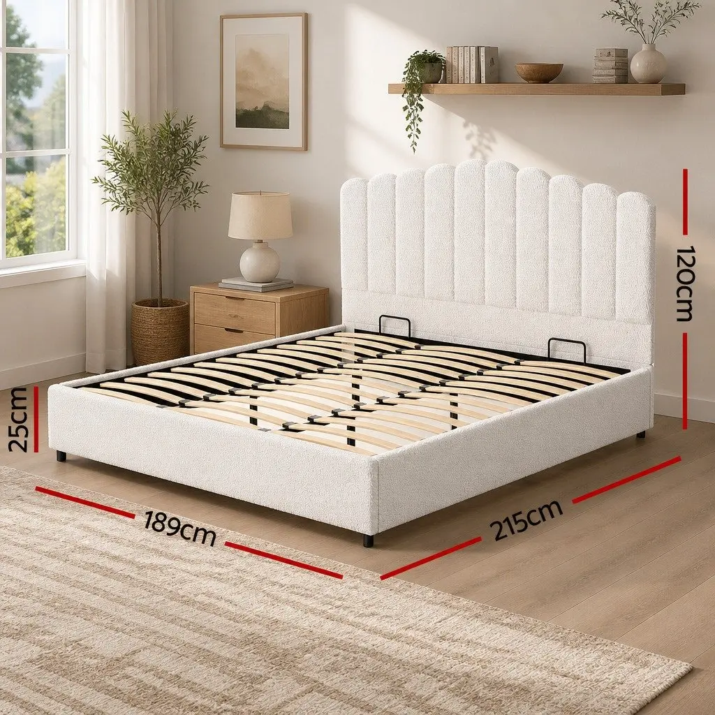 King Size Bed Frame with Boucle Upholstery and Storage