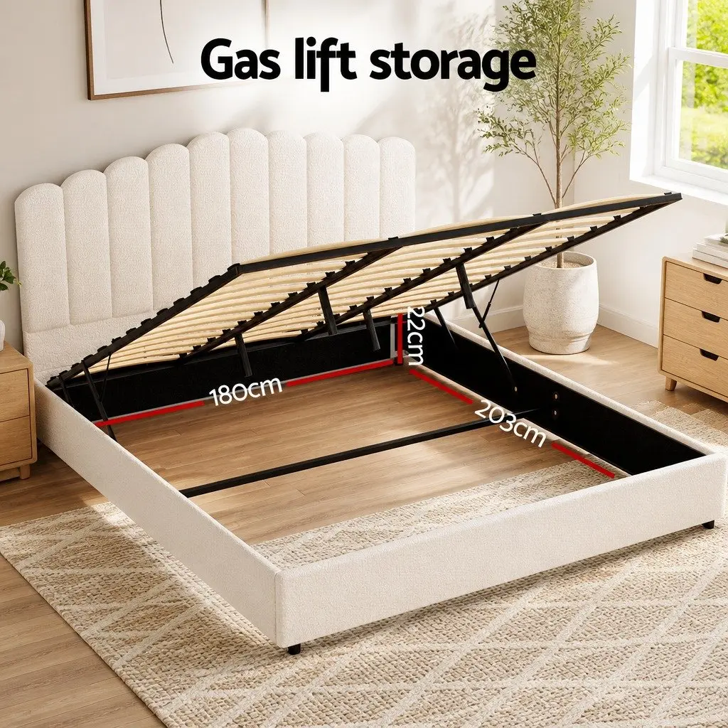King Size Bed Frame with Boucle Upholstery and Storage