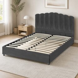 Sturdy Queen Bed Frame with Gas Lift Storage in Grey Velvet
