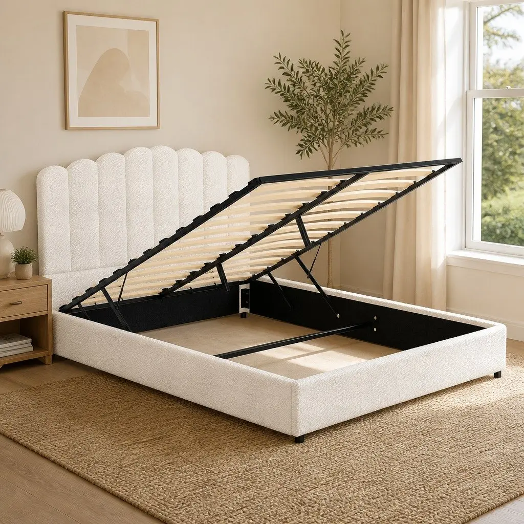Queen Size Bed Frame Boucle Upholstered Gas Lift Storage White