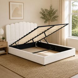 Queen Size Bed Frame with Gas Lift Storage Padded Headboard Boucle Upholstered