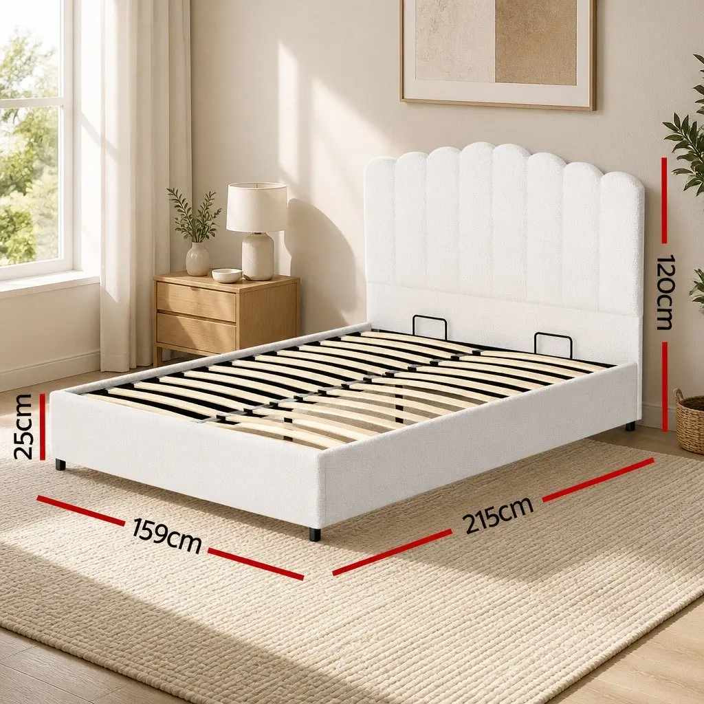 Queen Size Bed Frame Boucle Upholstered Gas Lift Storage White