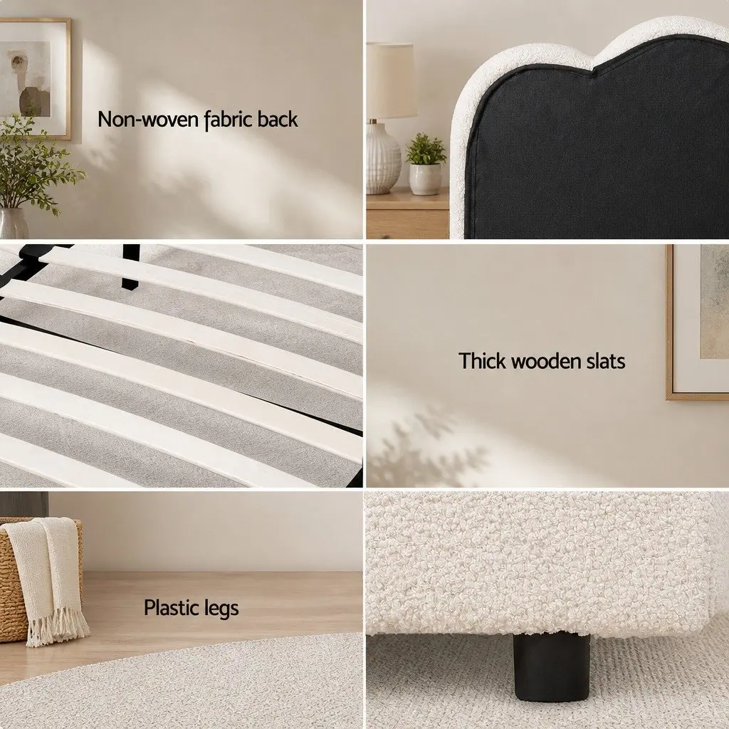 Queen Size Bed Frame Boucle Upholstered Gas Lift Storage White