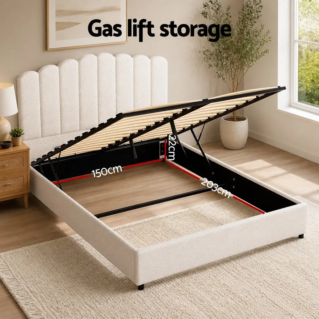 Queen Size Bed Frame Boucle Upholstered Gas Lift Storage White