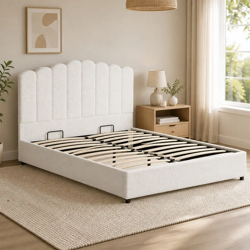 Queen Size Bed Frame Boucle Upholstered Gas Lift Storage White