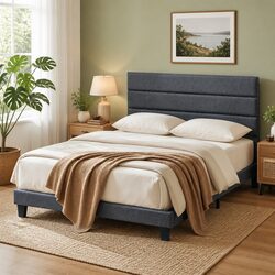 Double Bed Frame Upholstered Platform Base Geometric Headboard Charcoal Grey