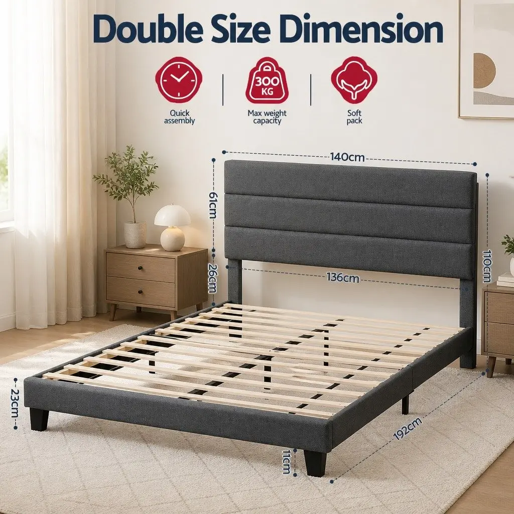 Upholstered Double Bed Frame with Geometric Headboard