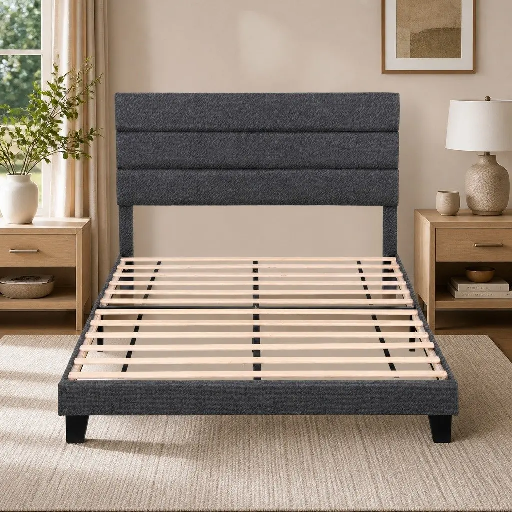 Upholstered Double Bed Frame with Geometric Headboard