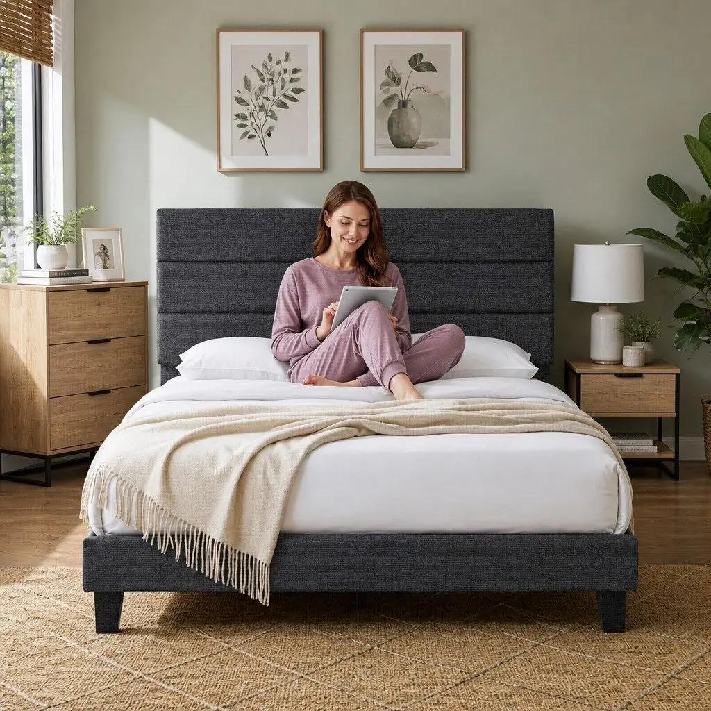 Upholstered Double Bed Frame with Geometric Headboard
