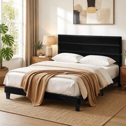 King Bed Frame Upholstered Platform Base Geometric Headboard Black Velvet