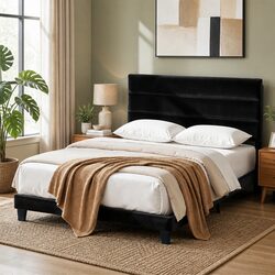 Sturdy Queen Bed Frame with Velvet Geometric Headboard