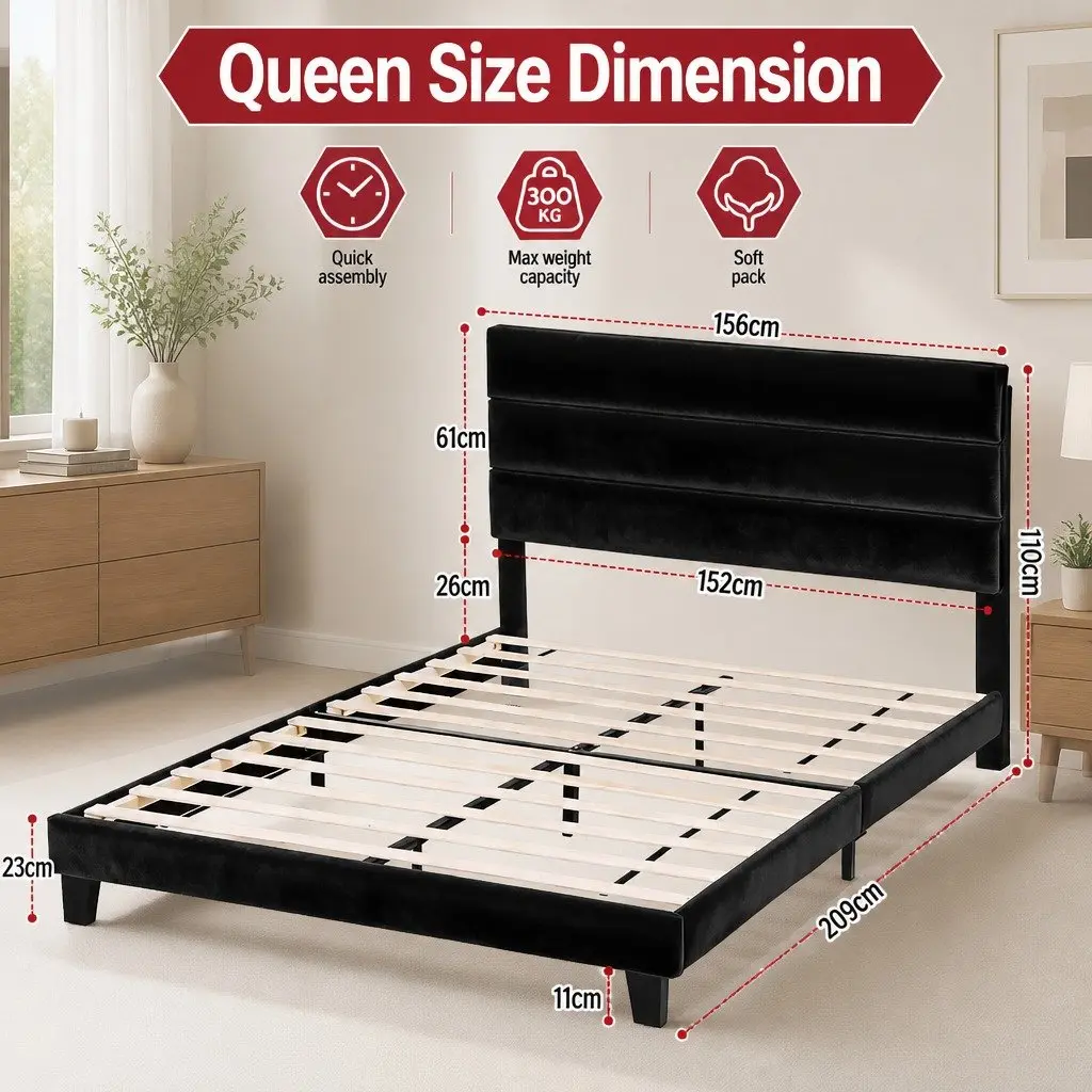 Queen Bed Frame with Velvet Geometric Headboard