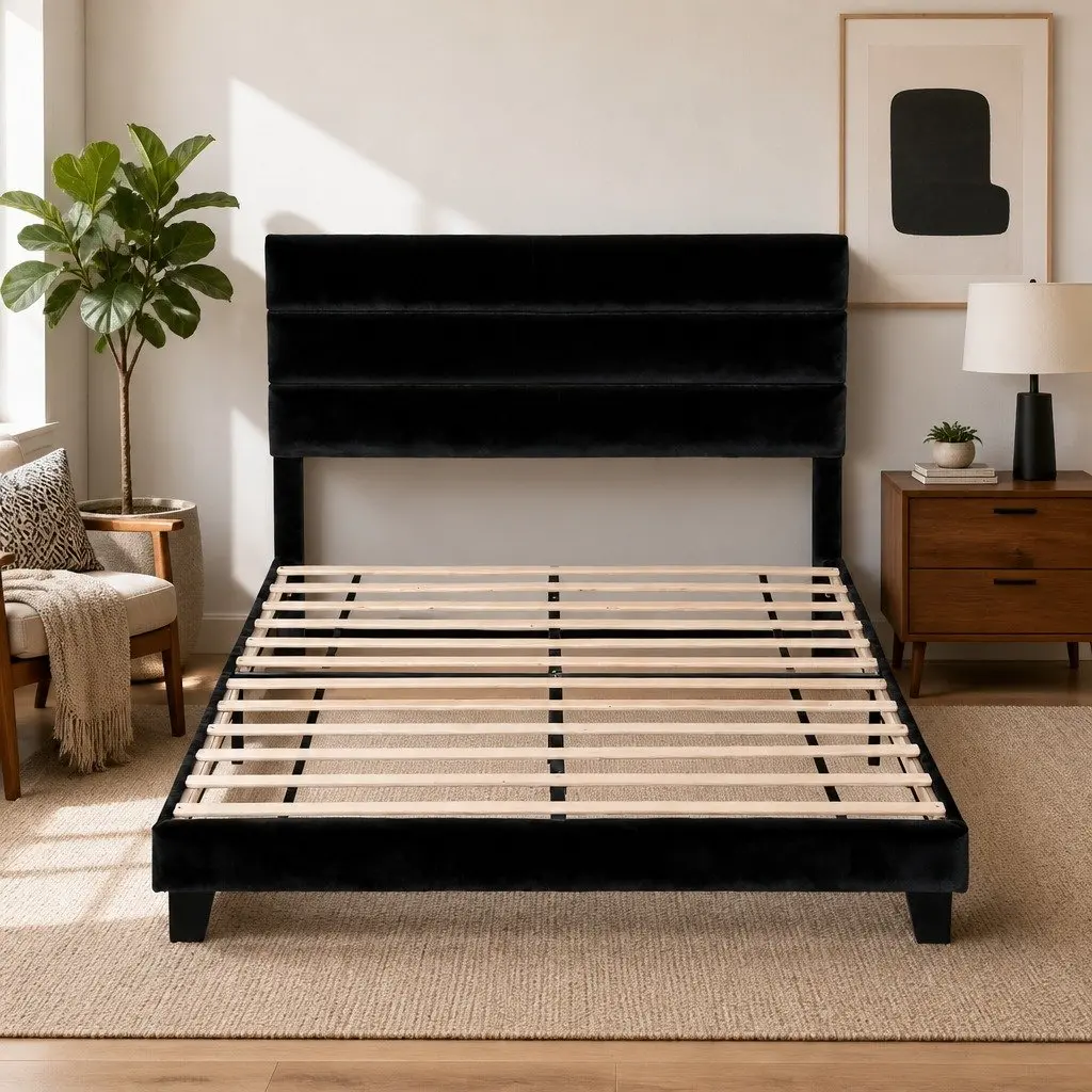 Queen Bed Frame with Velvet Geometric Headboard