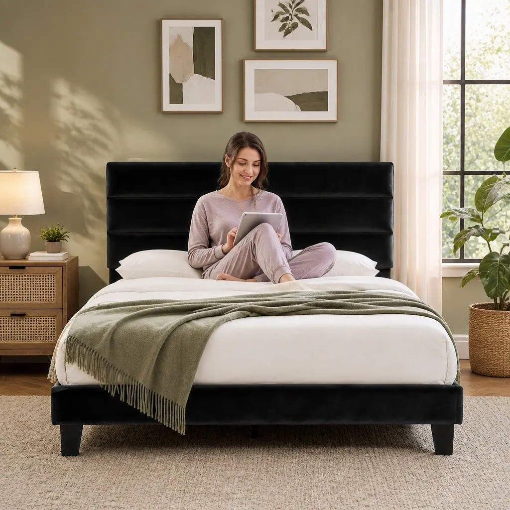 Queen Bed Frame with Velvet Geometric Headboard