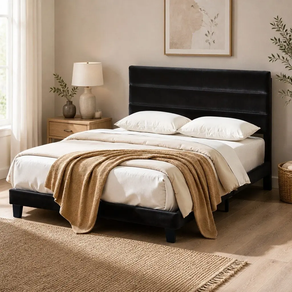 Queen Bed Frame with Velvet Geometric Headboard