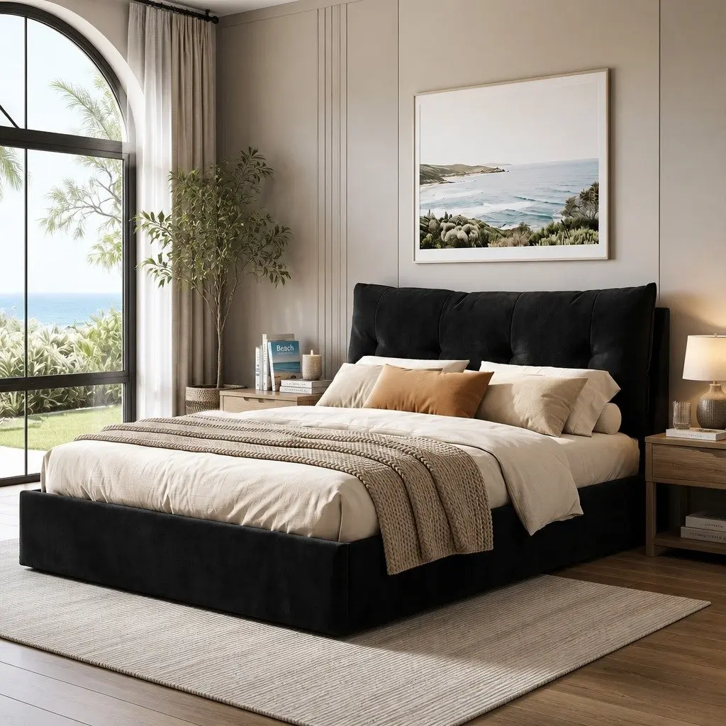 Queen Bed Frame Velvet Black Gas Lift Storage with LED Light and USB Charging Station