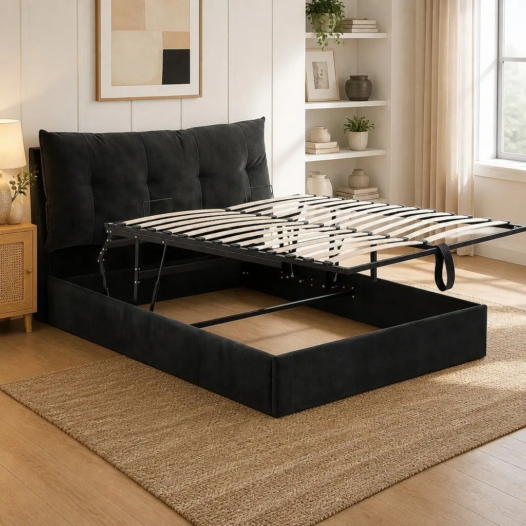 Queen Bed Frame Velvet Black Gas Lift Storage with LED Light and USB Charging Station