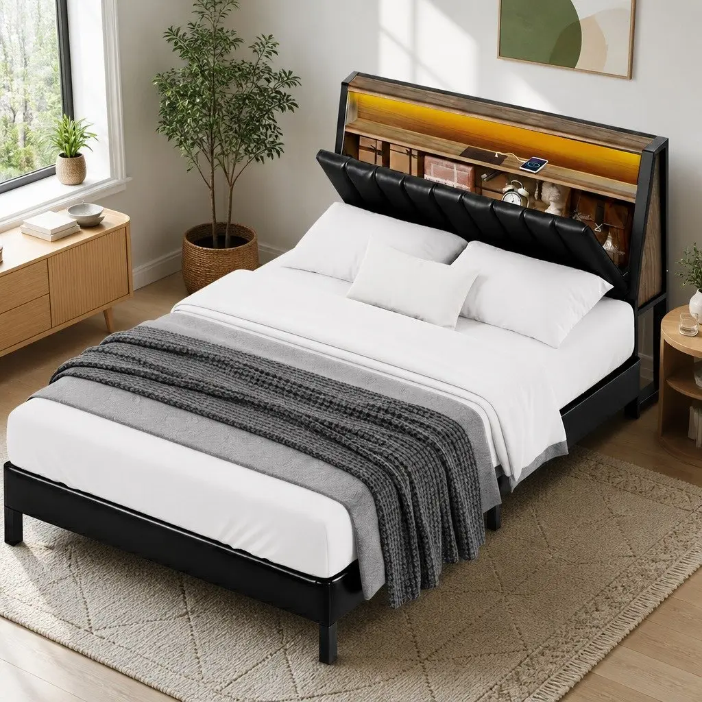 Black Double Bed Frame with LED Headboard and Charging Ports