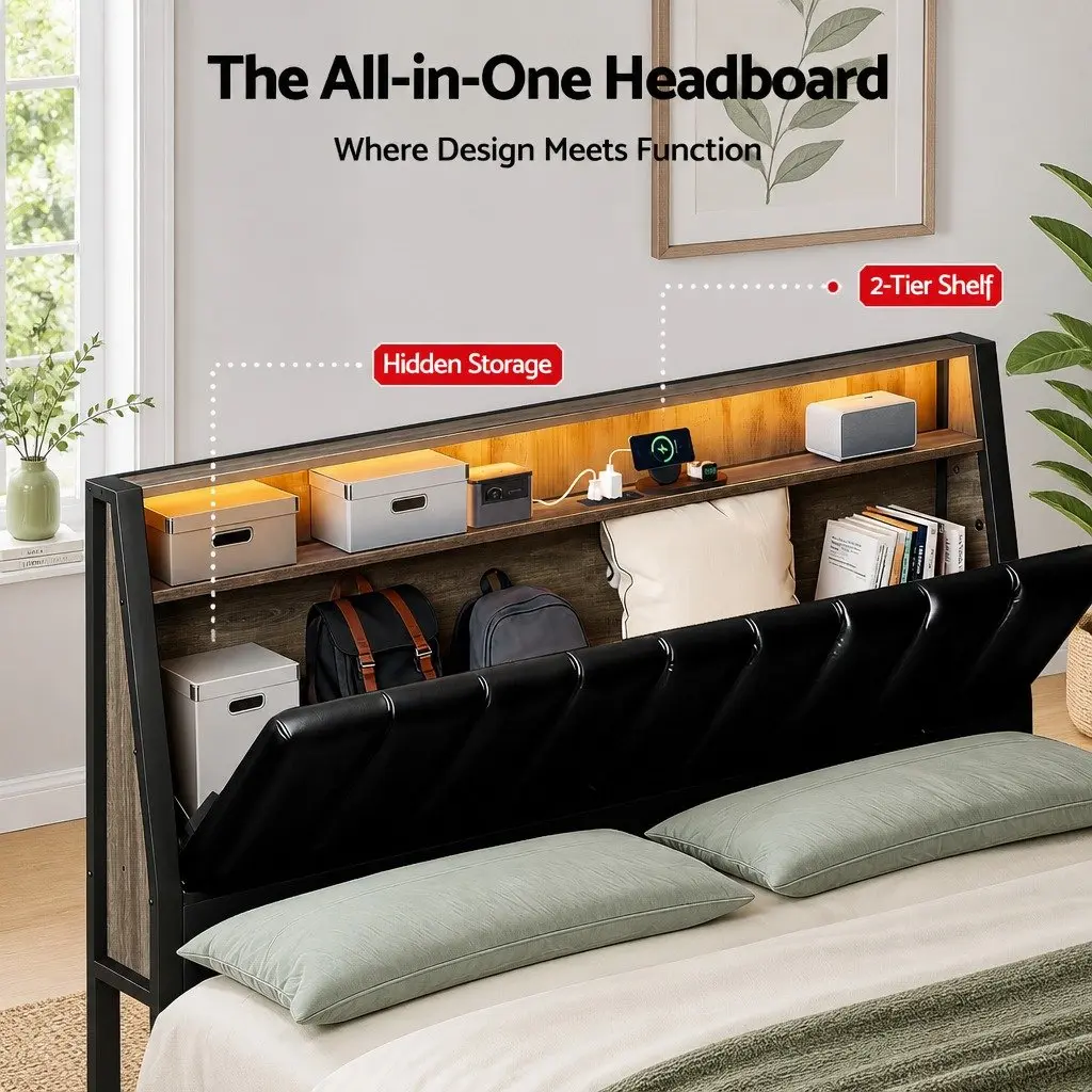 Black Double Bed Frame with LED Headboard and Charging Ports