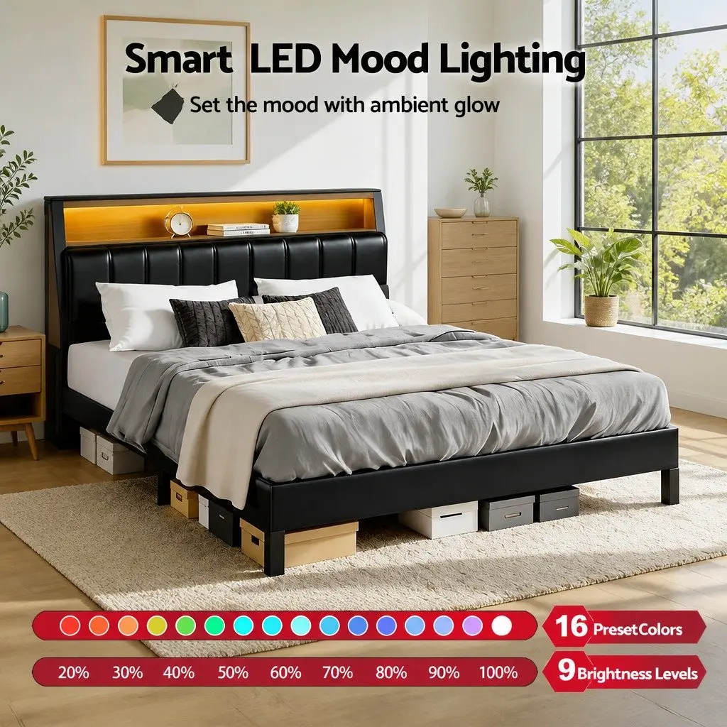 Black Double Bed Frame with LED Headboard and Charging Ports