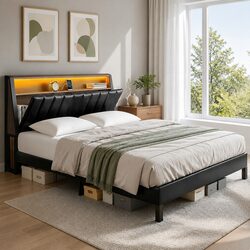 Sturdy Queen Bed Frame with LED Headboard and Storage