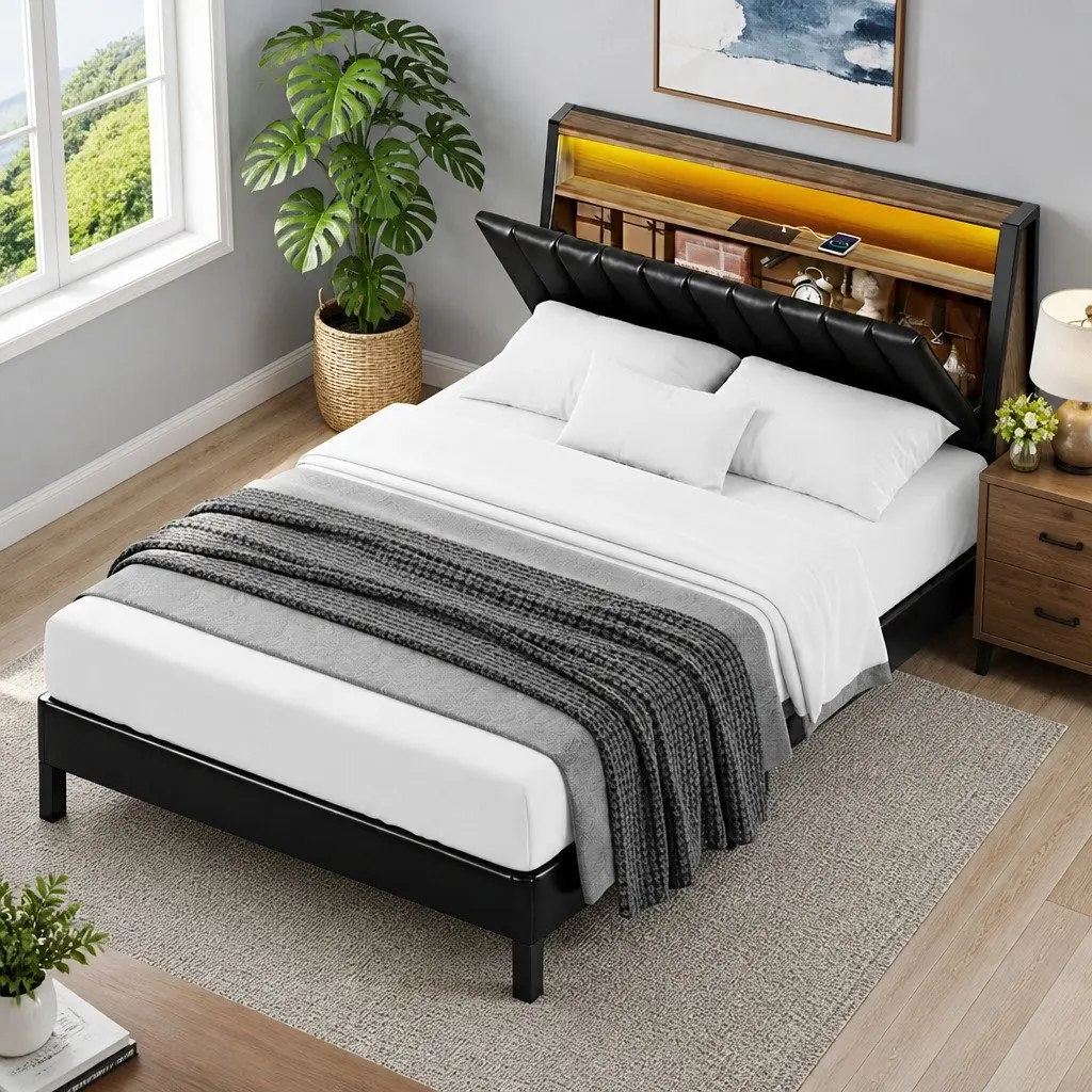 Queen Bed Frame with LED Headboard and Storage