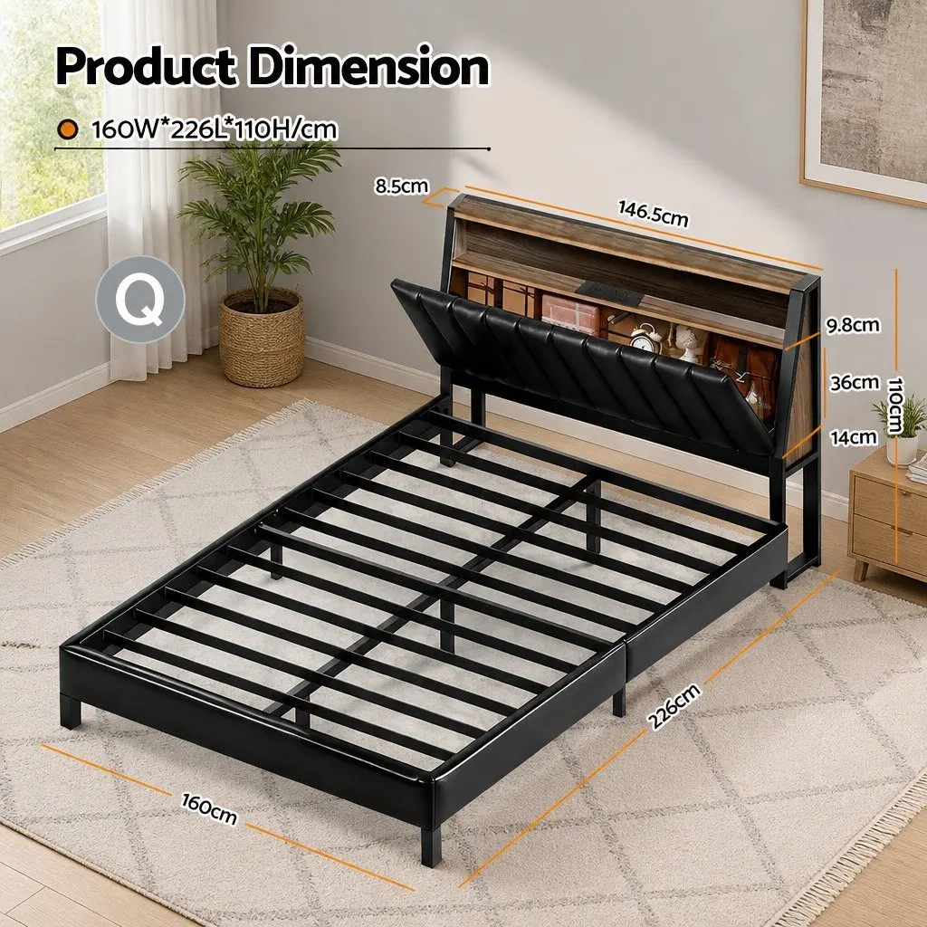 Queen Bed Frame with LED Headboard and Storage