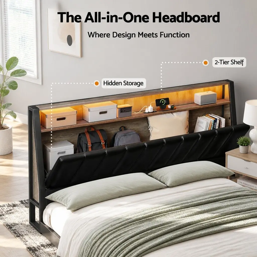 Queen Bed Frame with LED Headboard and Storage