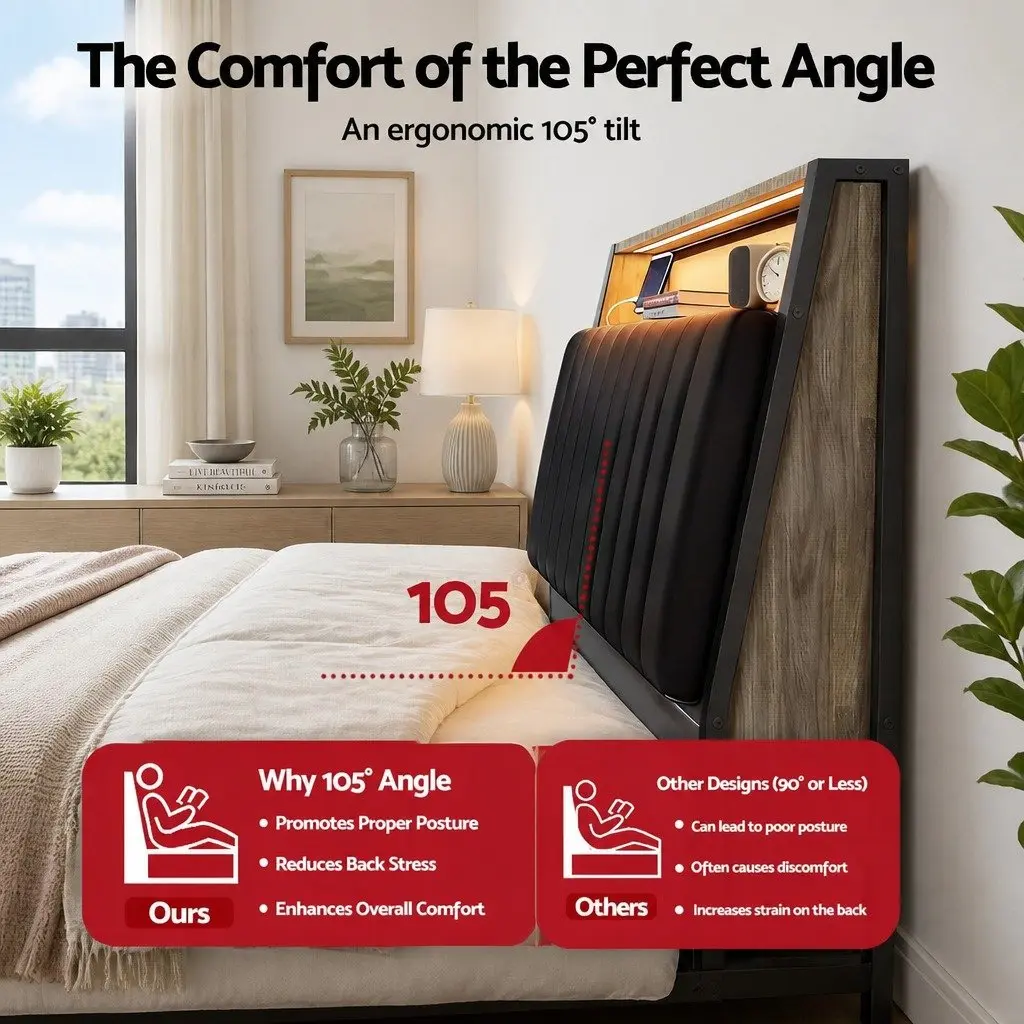Queen Bed Frame with LED Headboard and Storage