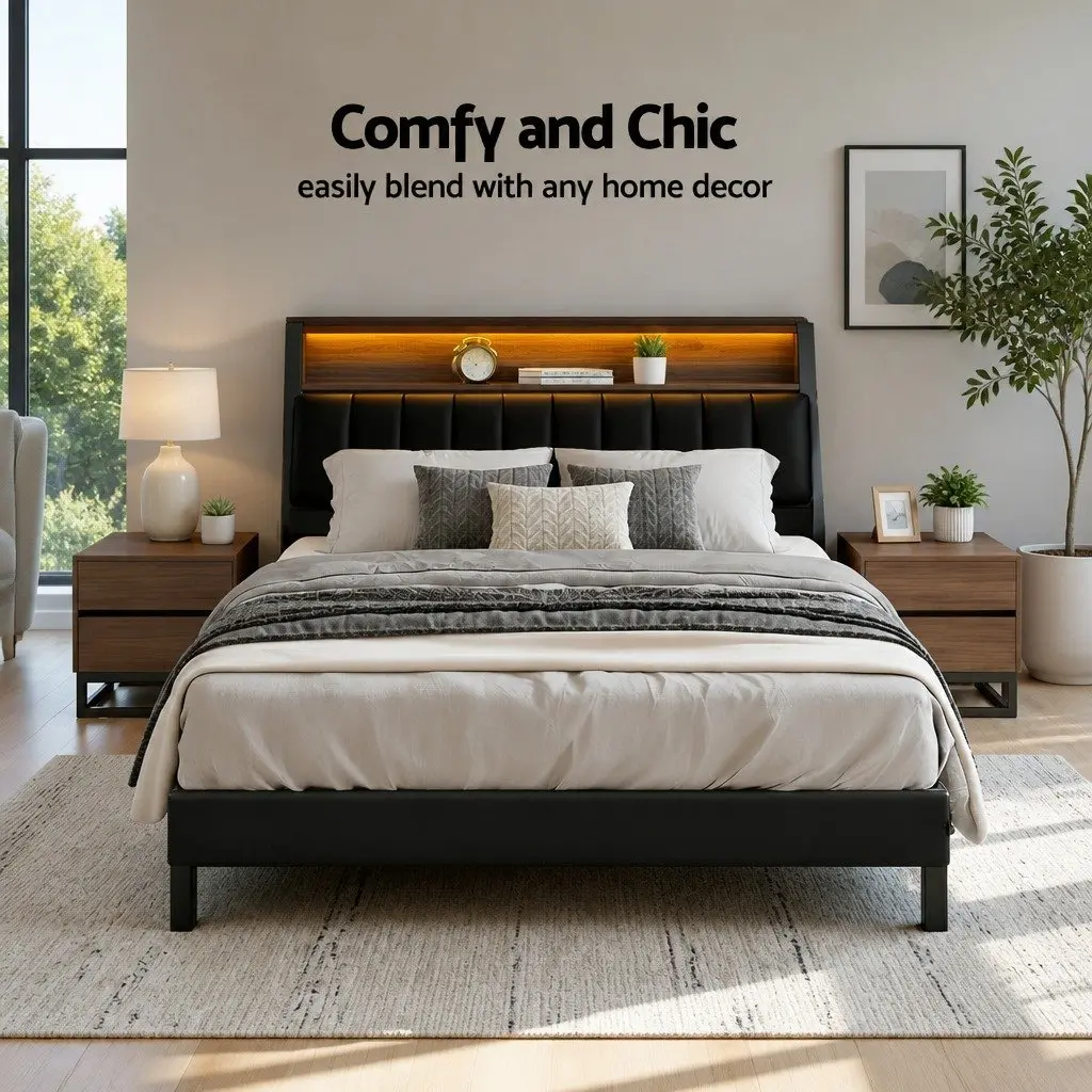 Queen Bed Frame with LED Headboard and Storage