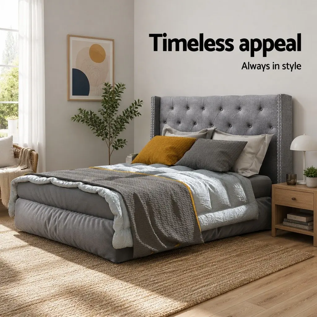 Queen Size Upholstered Tufted Grey Bed Headboard