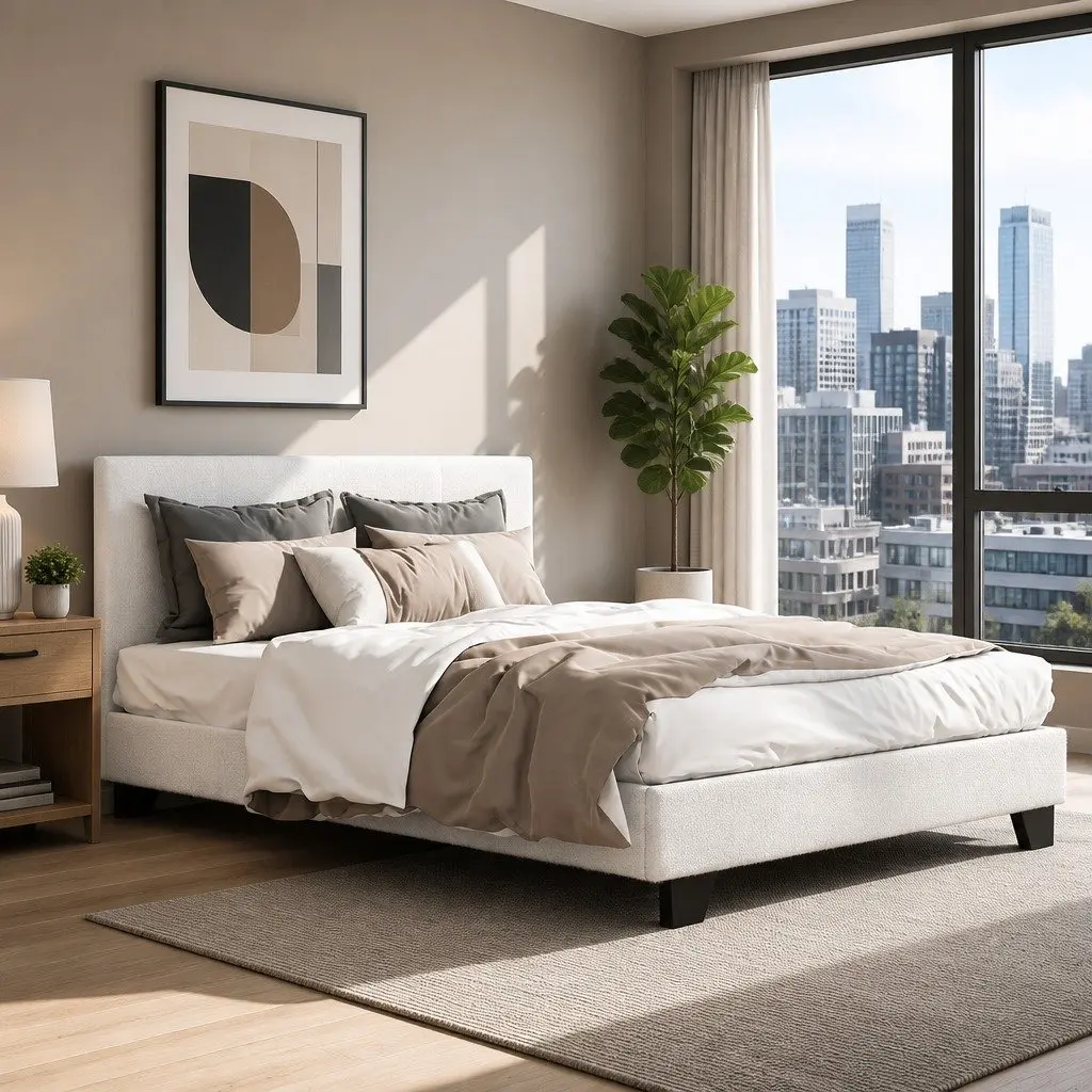 Double Bed Frame with Boucle Upholstery in White