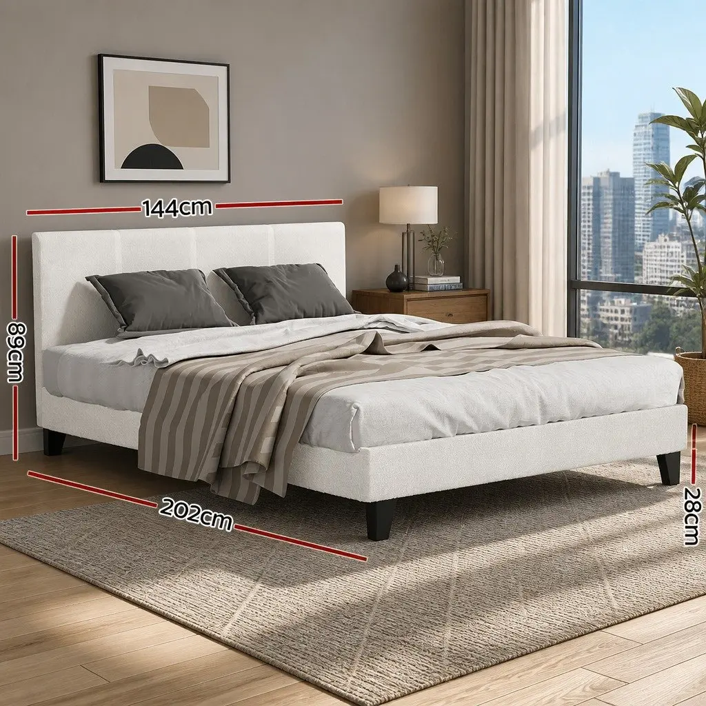 Double Bed Frame with Boucle Upholstery in White
