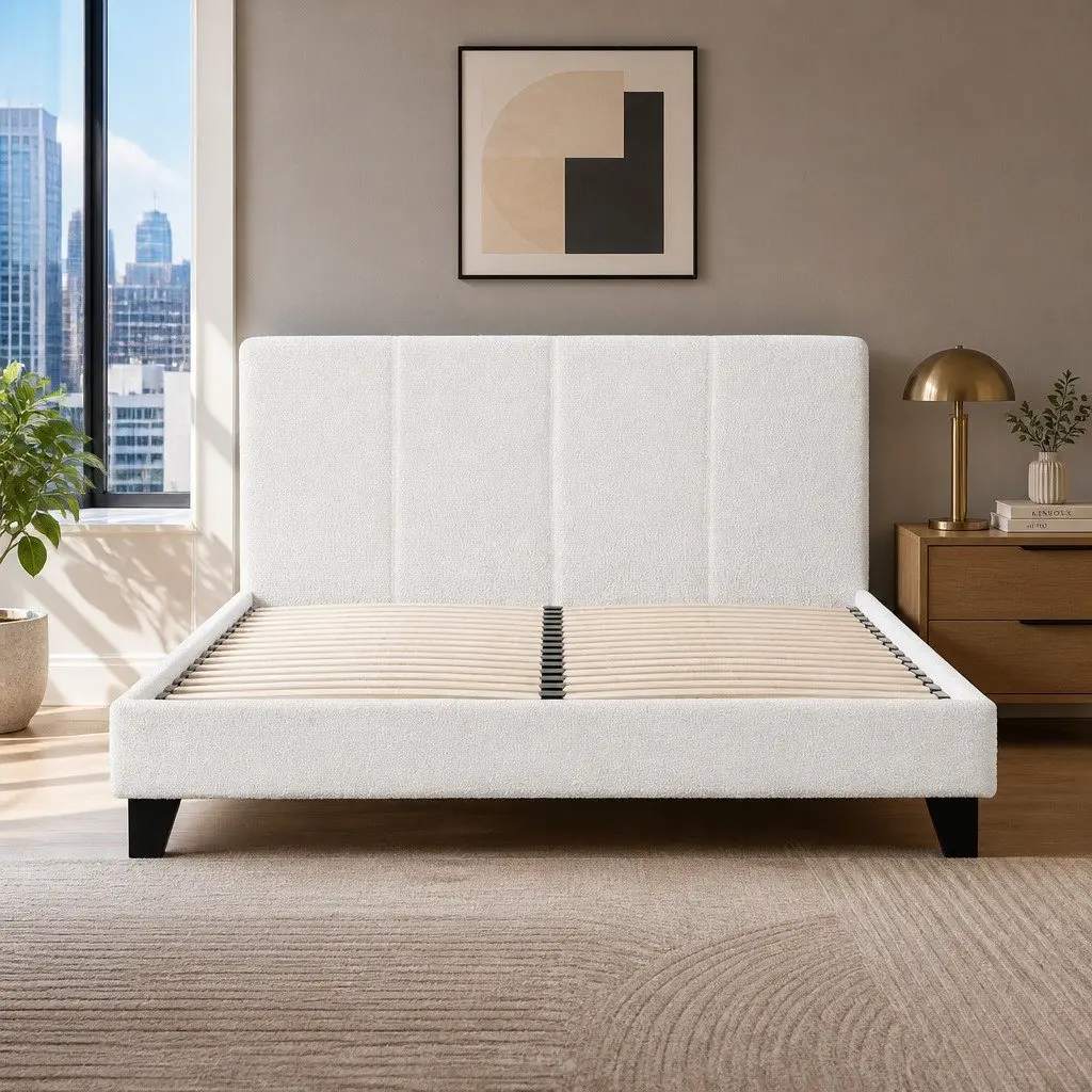 Double Bed Frame with Boucle Upholstery in White