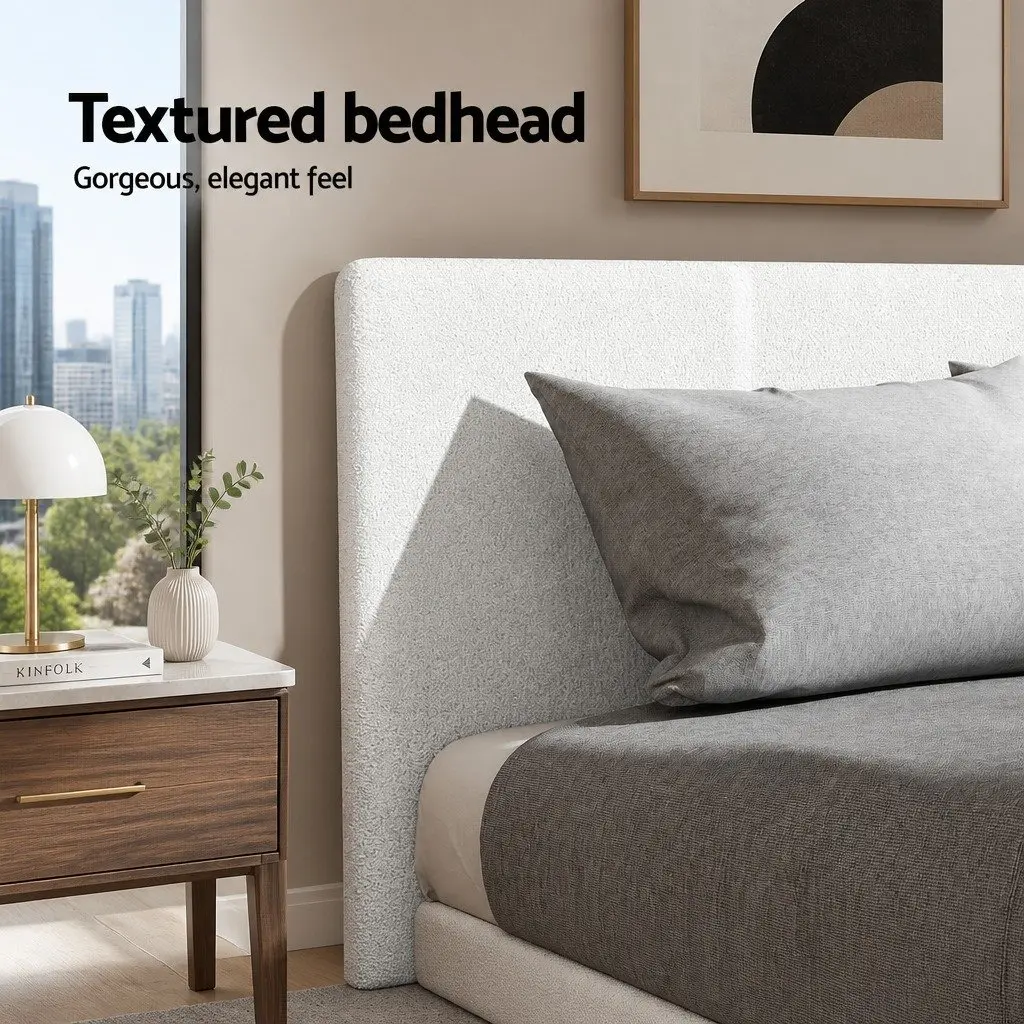 Double Bed Frame with Boucle Upholstery in White